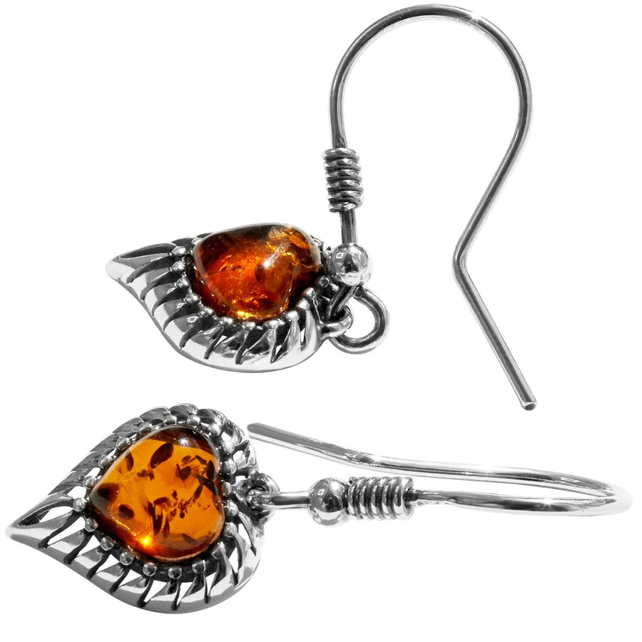 925 Solid Sterling Silver Honey Baltic Amber Beautiful Modern Heart Earrings