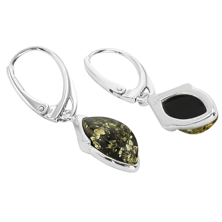 925 Solid Pure Sterling Silver Green Baltic Amber Marquise Leverback Earrings