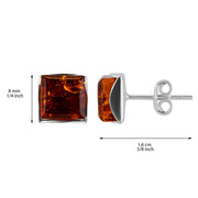 925 Solid Pure Sterling Silver Honey Baltic Amber Square Medium Stud Earrings