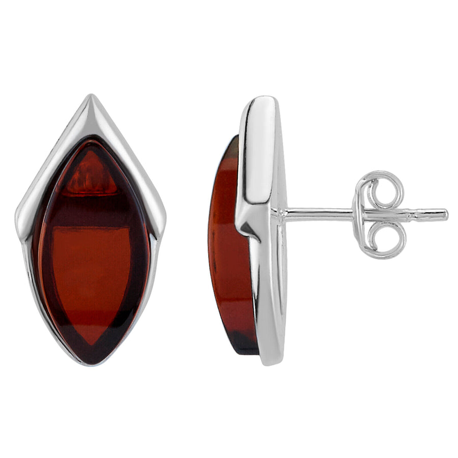 925 Solid Sterling Silver Dark Red Baltic Amber Marquise Stud Pretty Earrings