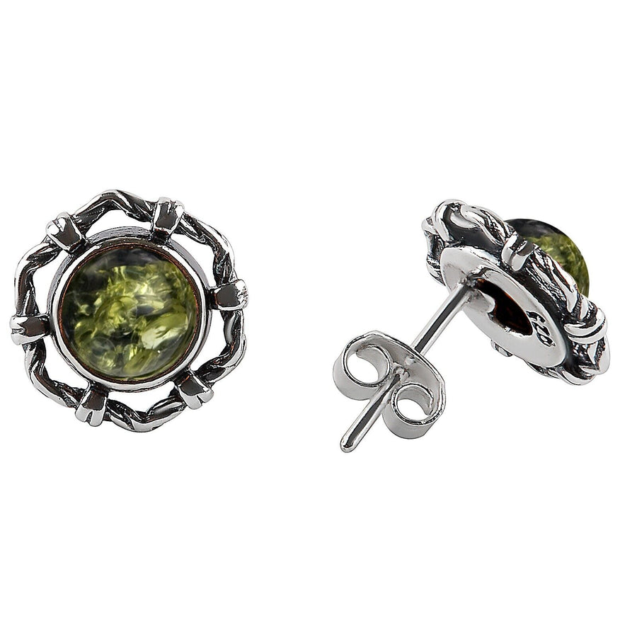 925 Solid Sterling Silver Green Baltic Amber Round Classic Pretty Stud Earrings