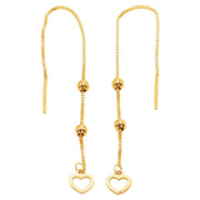 14k Pure Solid Yellow Gold Heart Long Drop Dangle Nice Threader Pretty Earrings
