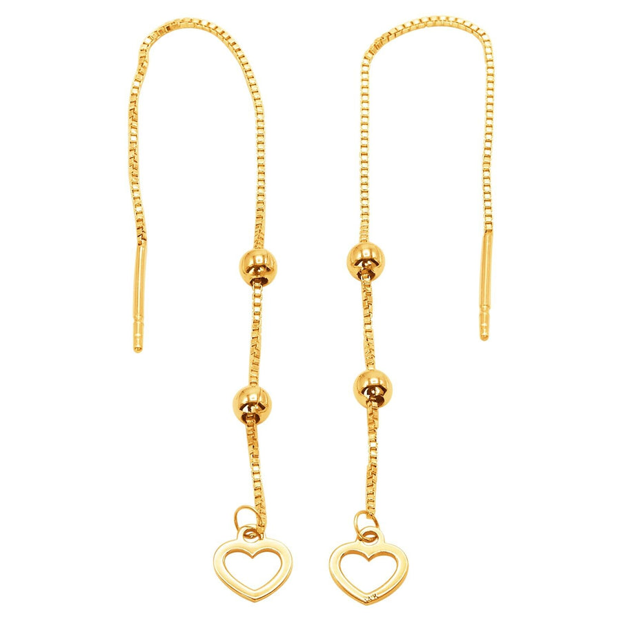 14k Pure Solid Yellow Gold Heart Long Drop Dangle Nice Threader Pretty Earrings