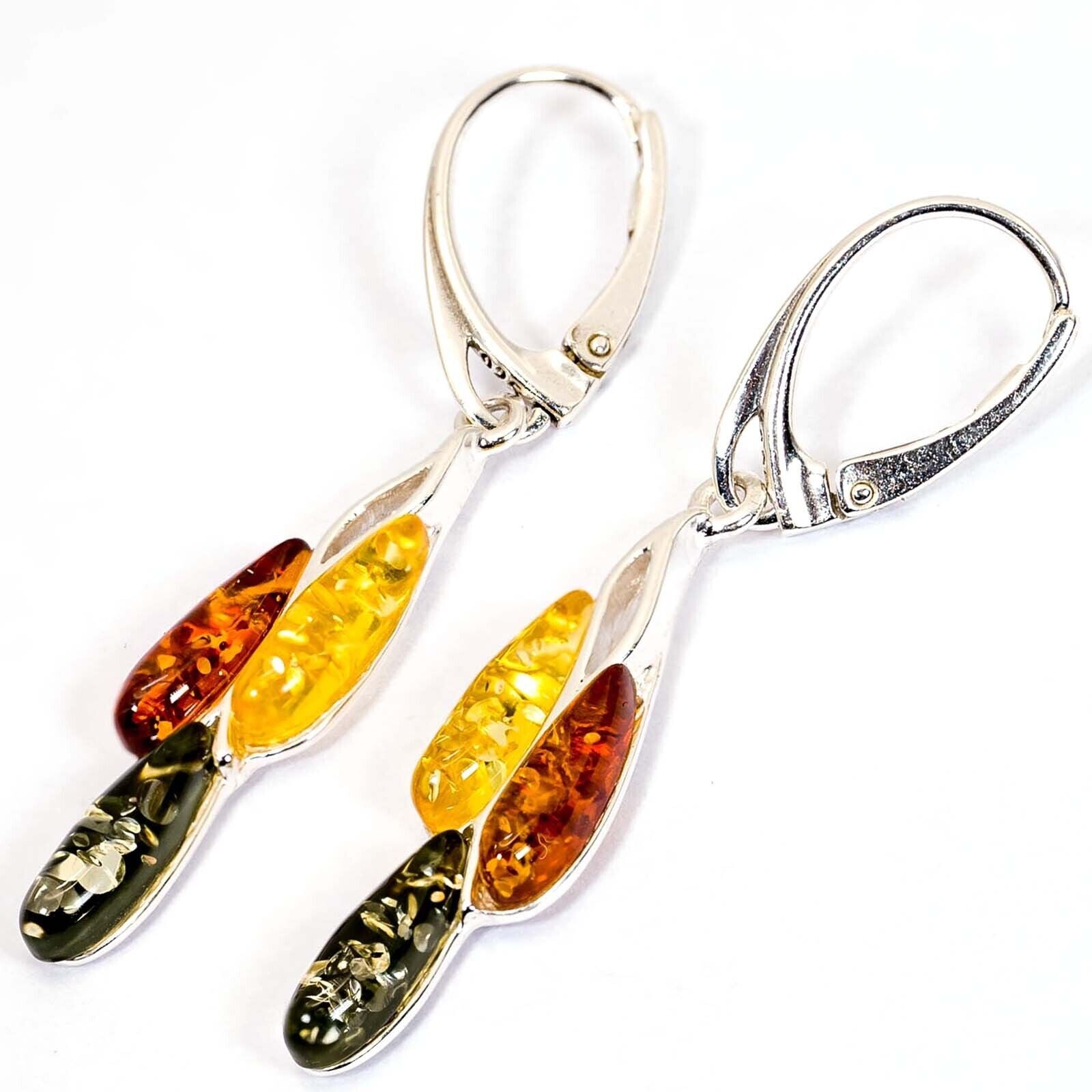 925 Solid Pure Sterling Silver Multicolor Baltic Amber Drop Leverback Earrings