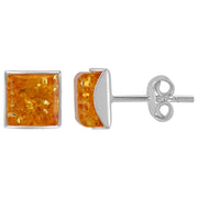 925 Solid Pure Sterling Silver Lemon Baltic Amber Square Medium Stud Earrings