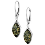925 Solid Pure Sterling Silver Green Baltic Amber Marquise Leverback Earrings