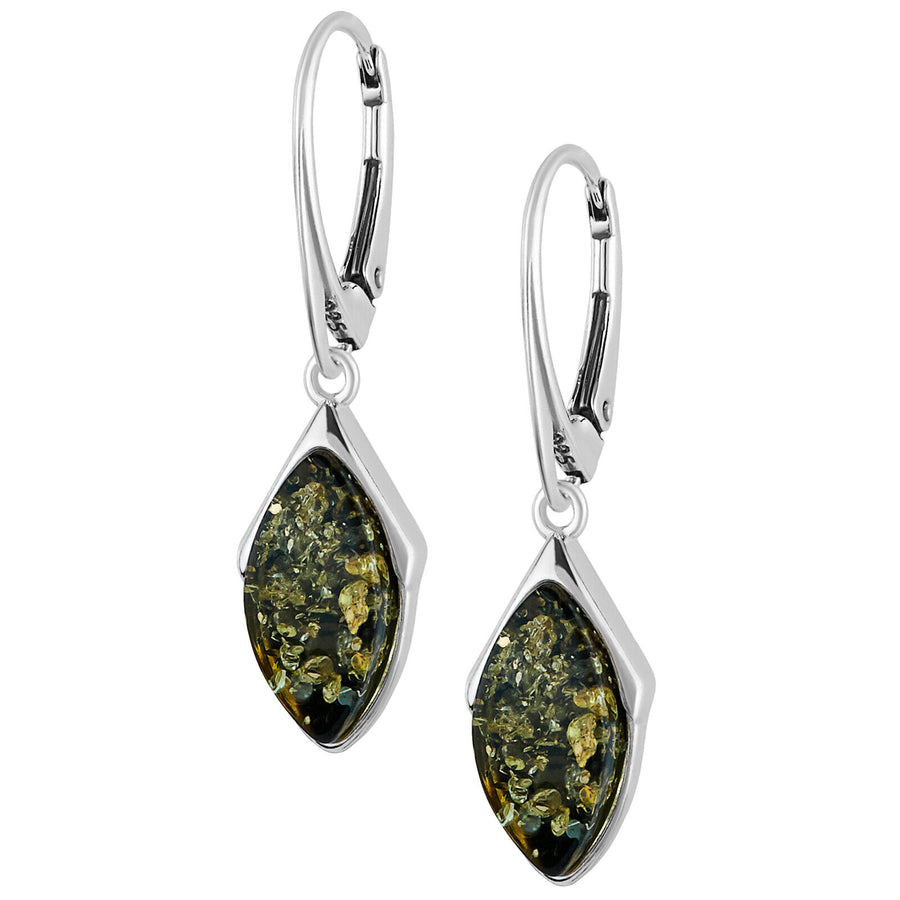 925 Solid Pure Sterling Silver Green Baltic Amber Marquise Leverback Earrings