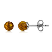 925 Solid Sterling Silver Honey Baltic Amber Classic Ball Small Stud Earrings