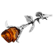 925 Solid Pure Sterling Silver Honey Baltic Amber Designer Nice Rose Brooch Pin