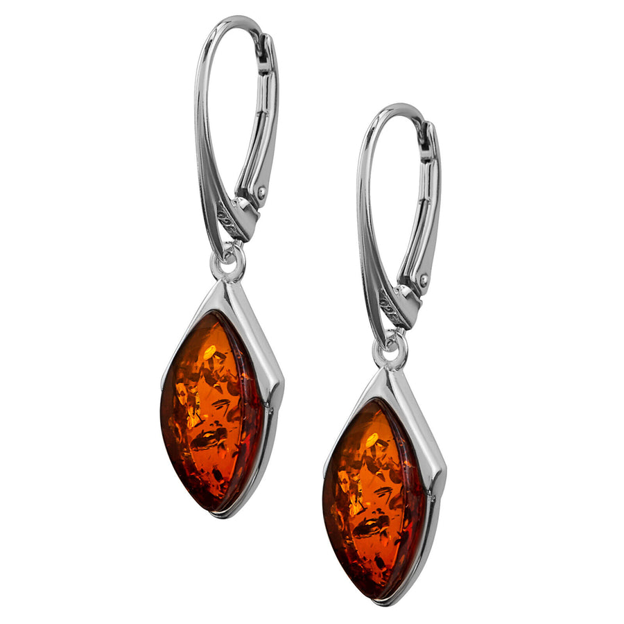 925 Solid Pure Sterling Silver Honey Baltic Amber Marquise Leverback Earrings