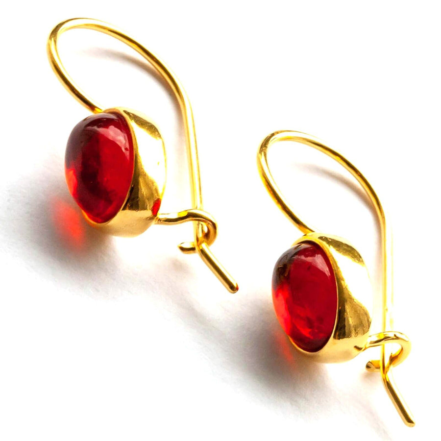 925 Solid Gold Plated Sterling Silver Red Amber Oval Nice French Wire Earrings