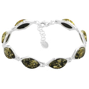 925 Sterling Silver Green Baltic Amber Marquise Adjustable Bracelet 8 Inches
