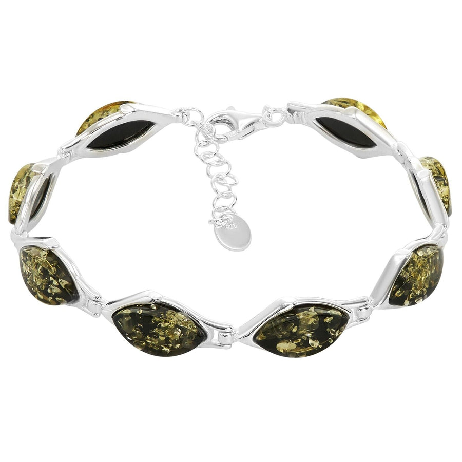 925 Sterling Silver Green Baltic Amber Marquise Adjustable Bracelet 8 Inches