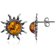 925 Solid Sterling Silver Honey Baltic Amber Sun Round Beautiful Stud Earrings