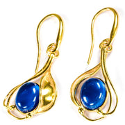 925 Solid Gold Plated Sterling Silver Blue Amber Oval Beautiful Floral Earrings