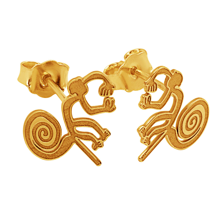 14k Solid Yellow Fine Gold Nazca Line Monkey World Wonder Geoglyph Stud Earrings