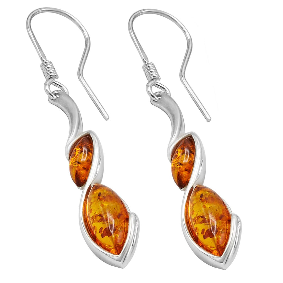 925 Solid Sterling Silver Cognac Baltic Amber Classic Marquise Fishhook Earrings