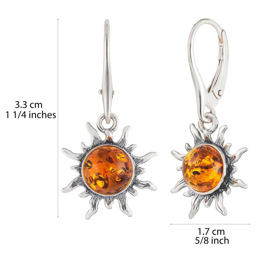 925 Solid Sterling Silver Honey Baltic Amber Flaming Sun Nice Leverback Earrings