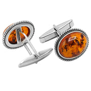 925 Solid Sterling Silver Natural Cognac Baltic Amber Oval Filigree Cufflinks