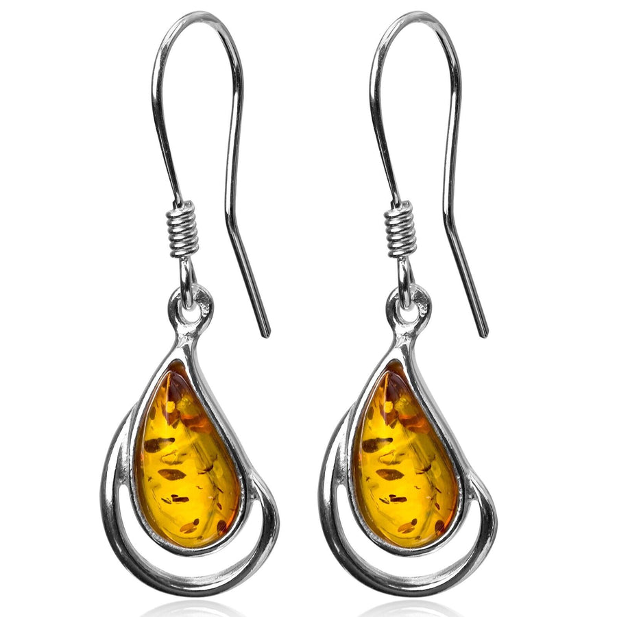 925 Solid Sterling Silver Baltic Honey Amber Classic Teardrop Beautiful Earrings