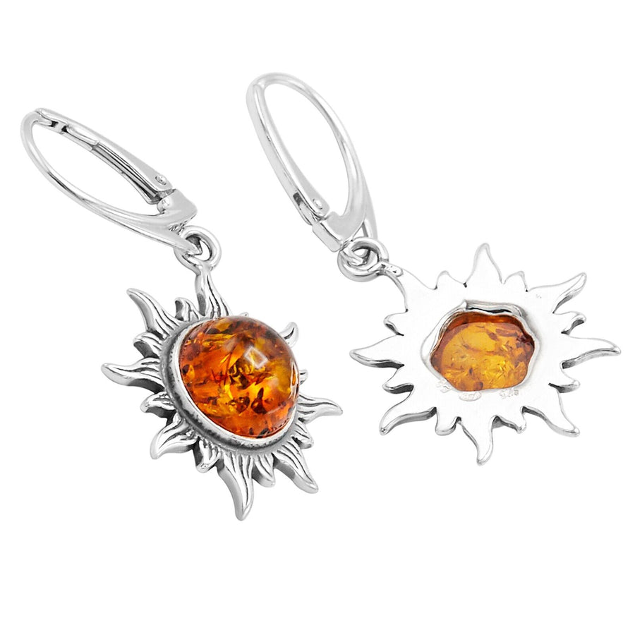 925 Solid Sterling Silver Honey Baltic Amber Sun Round Pretty Leverback Earrings