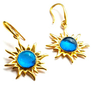 925 Solid Gold Plated Sterling Silver Blue Amber Round Flaming Sun Nice Earrings
