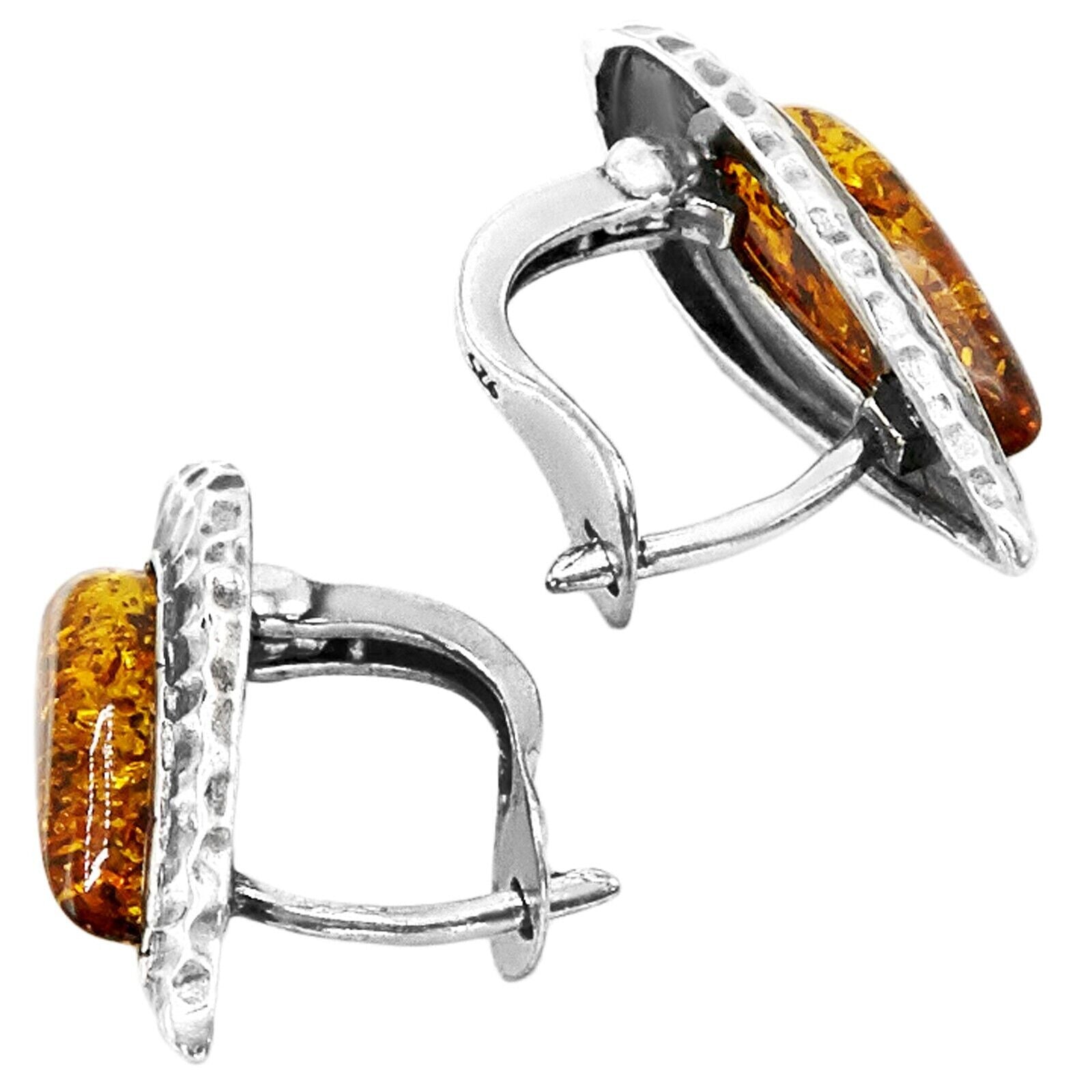925 Solid Pure Sterling Silver Honey Baltic Amber Marquise Omega Post Earrings