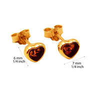 14k Pure Solid Yellow Gold Honey Baltic Amber Heart Nice Small Stud Earrings