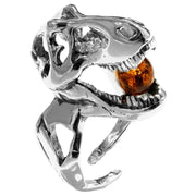925 Solid Sterling Silver Honey Baltic Amber Jurassic Park T-Rex Adjustable Ring