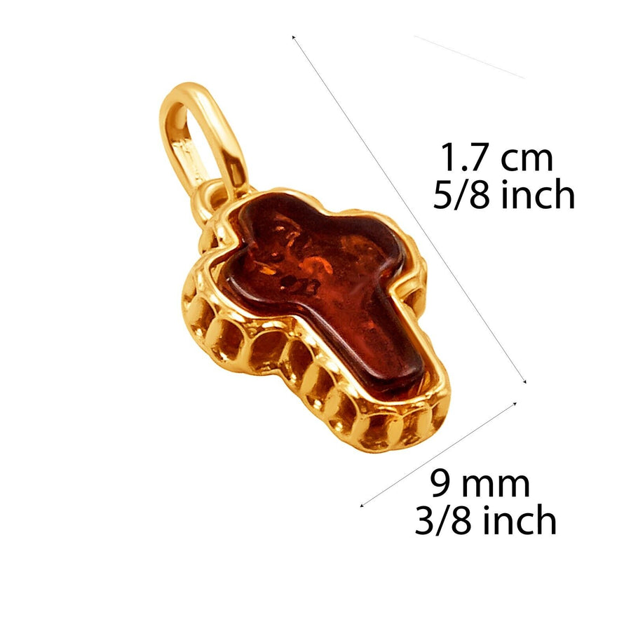 14k Pure Solid Yellow Gold Honey Baltic Amber Small Designer Cross Charm Pendant
