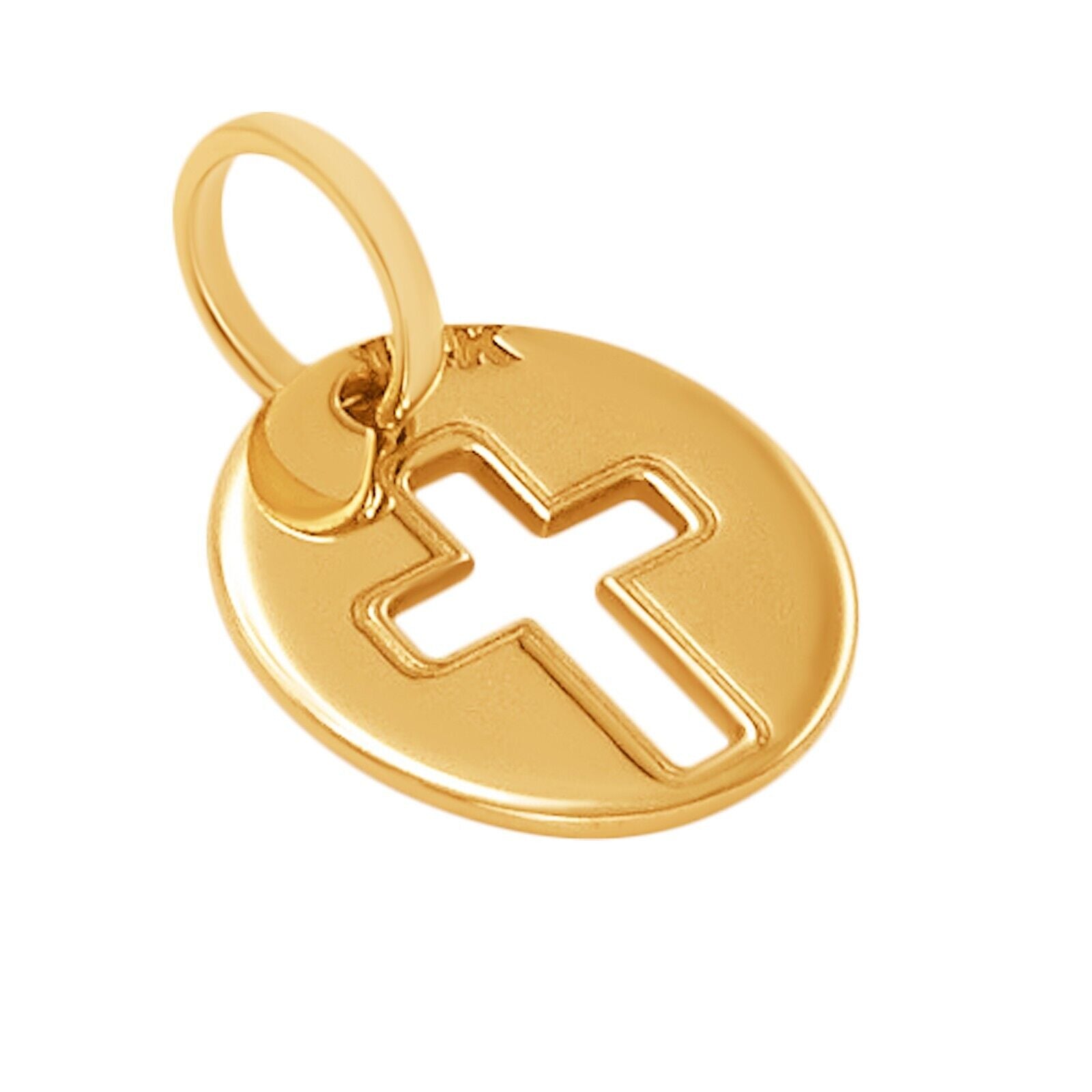 14k Pure Solid Yellow Gold Round Cross Laser Cut Small Charm Religious Pendant