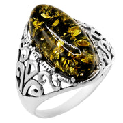 925 Solid Pure Sterling Silver Green Baltic Amber Oval Designer Classic Ring