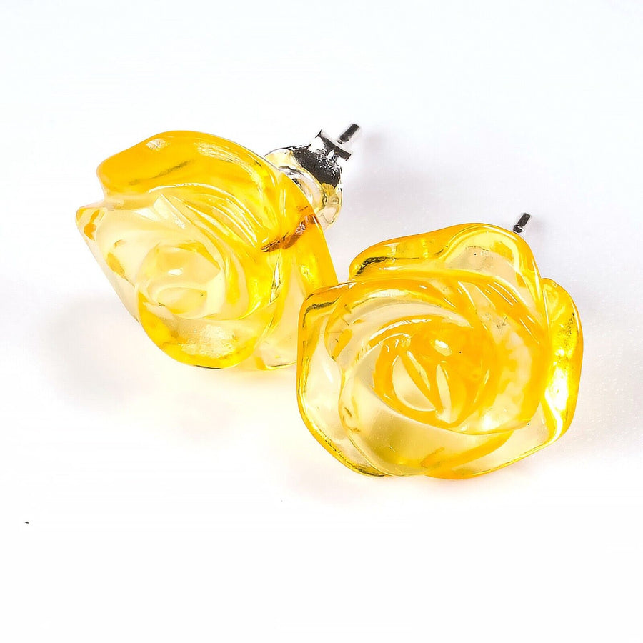 925 Solid Pure Sterling Silver Lemon Baltic Amber Designer Rose Stud Earrings