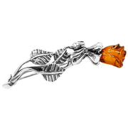925 Solid Pure Sterling Silver Honey Baltic Amber Designer Nice Rose Brooch Pin