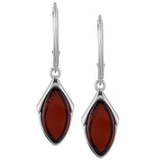 925 Solid Pure Sterling Silver Dark Red Baltic Amber Marquise Leverback Earrings