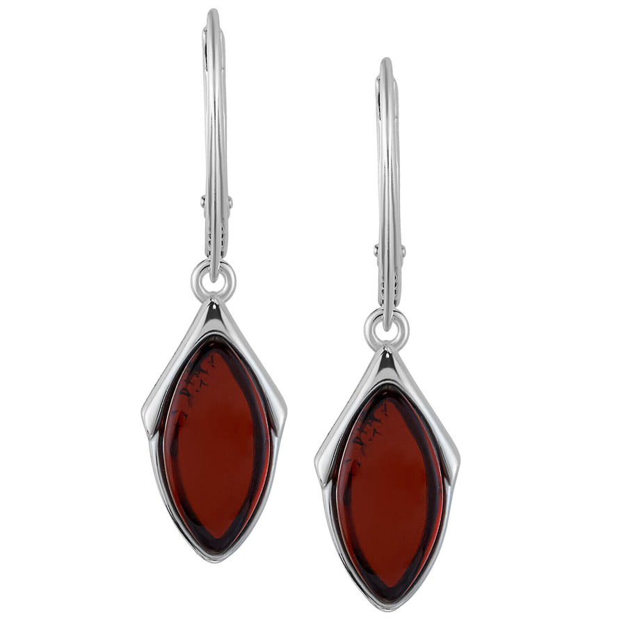925 Solid Pure Sterling Silver Dark Red Baltic Amber Marquise Leverback Earrings