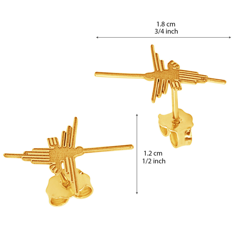14k Solid Yellow Gold Nazca Line Colibri Hummingbird World Wonder Stud Earrings