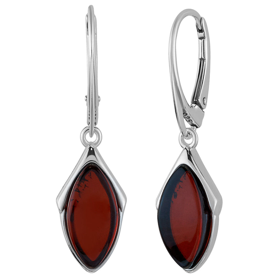 925 Solid Pure Sterling Silver Dark Red Baltic Amber Marquise Leverback Earrings