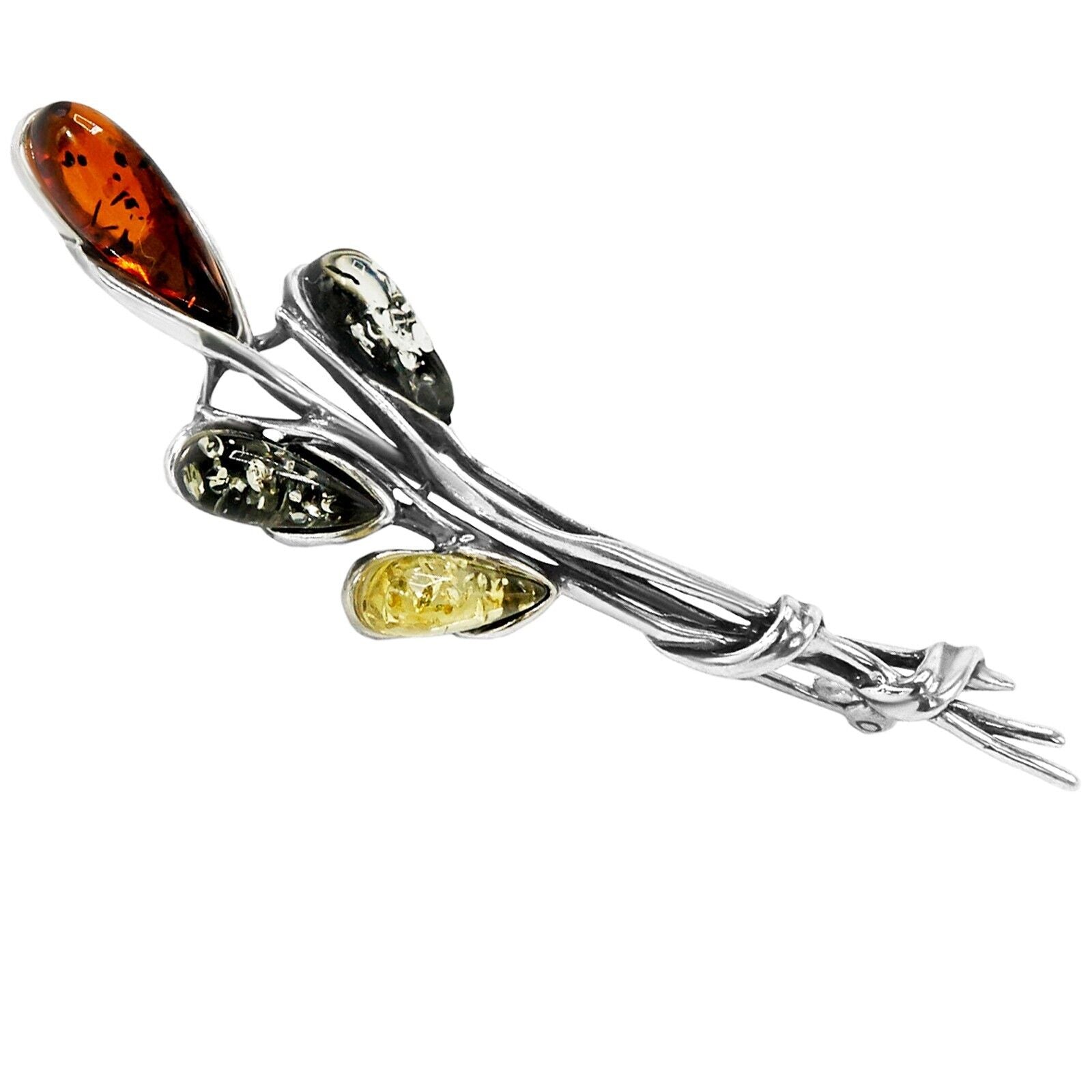 925 Solid Pure Sterling Silver Multicolor Baltic Amber Designer Floral Brooch