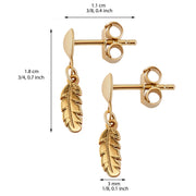 14k Solid Pure Yellow Gold Small Cute Delicate Feather Designer Dangle Earrings