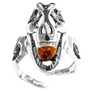 925 Solid Sterling Silver Honey Baltic Amber Jurassic Park T-Rex Adjustable Ring