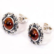 925 Solid Sterling Silver Honey Baltic Amber Round Classic Pretty Stud Earrings
