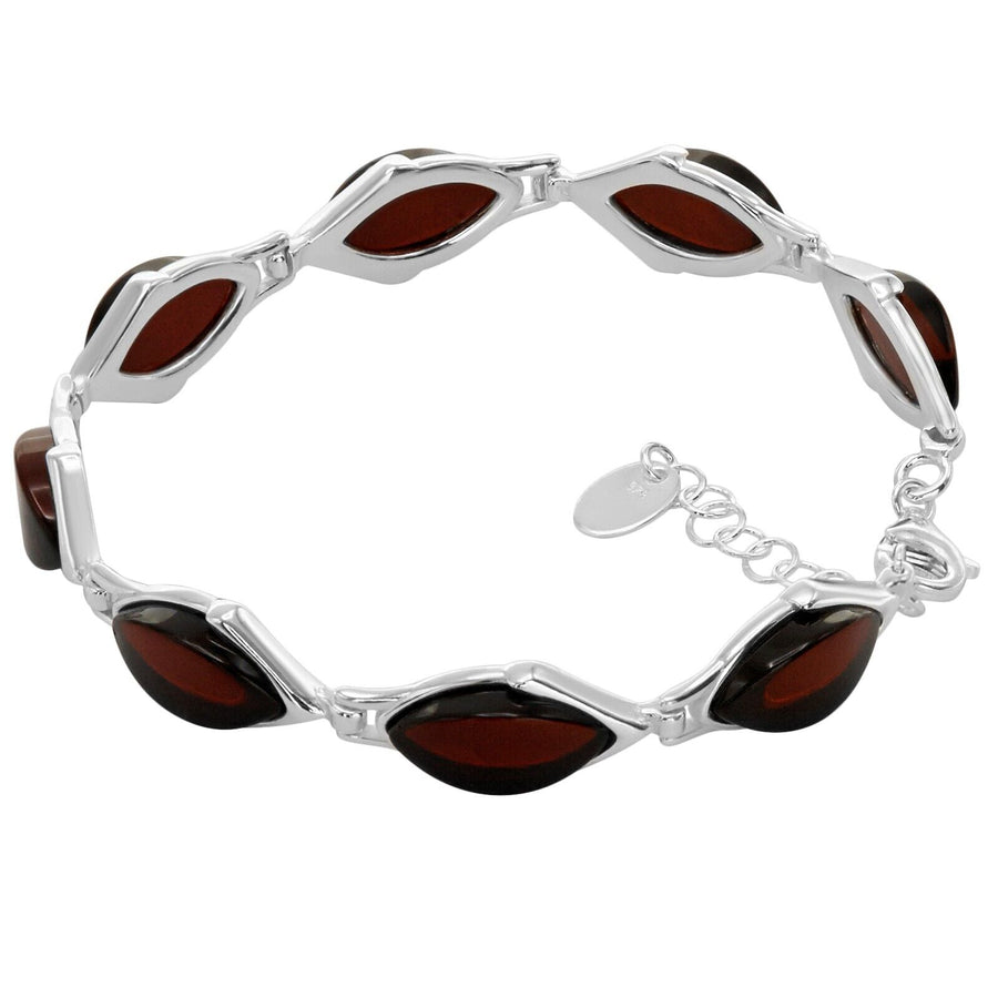 925 Sterling Silver Dark Red Baltic Amber Marquise Adjustable Bracelet 8 Inches