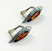 925 Solid Pure Sterling Silver Honey Baltic Amber Marquise Omega Post Earrings