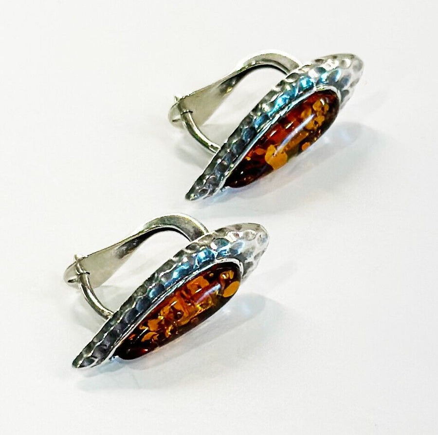 925 Solid Pure Sterling Silver Honey Baltic Amber Marquise Omega Post Earrings