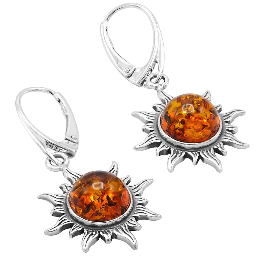 925 Solid Sterling Silver Honey Baltic Amber Sun Round Pretty Leverback Earrings