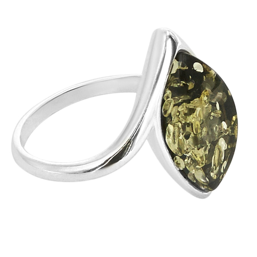 925 Solid Pure Sterling Silver Green Baltic Amber Marquise Designer Classic Ring