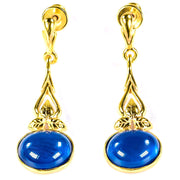 925 Solid Gold Plated Sterling Silver Blue Amber Oval Beautiful Floral Earrings
