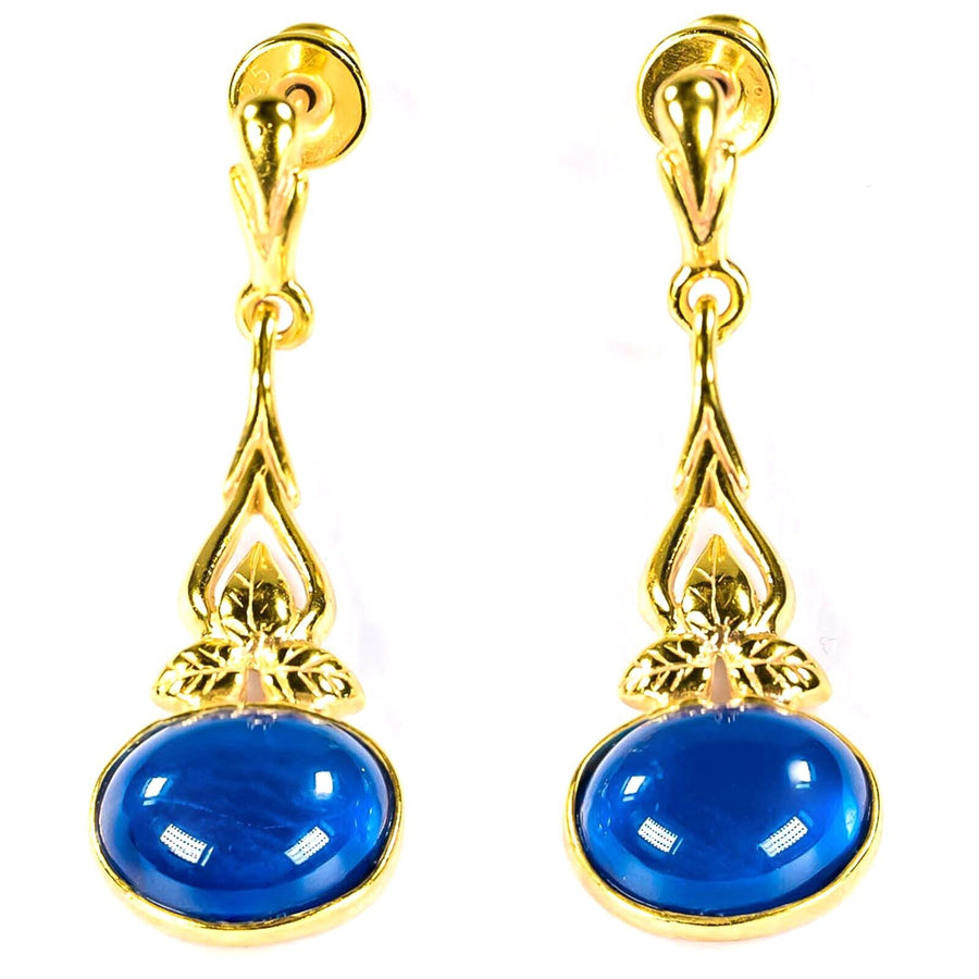 925 Solid Gold Plated Sterling Silver Blue Amber Oval Beautiful Floral Earrings