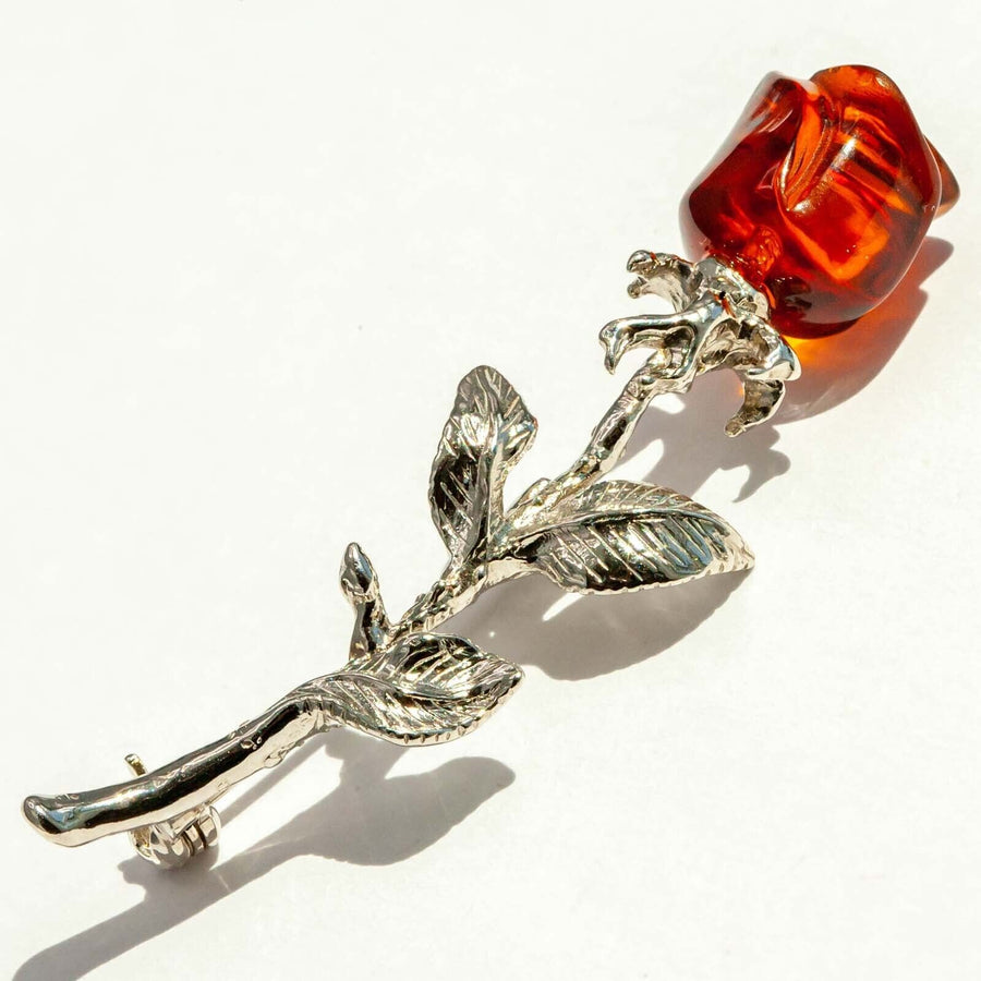 925 Solid Pure Sterling Silver Honey Baltic Amber Designer Nice Rose Brooch Pin